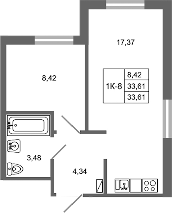 1-комнатная квартира 33.61 м², 3/17 эт., ЖК «Стороны Света 2»